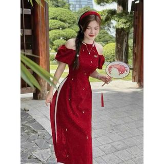 áo dài cách tân hở vai vải nhung đính đá và quần tuyết nhung