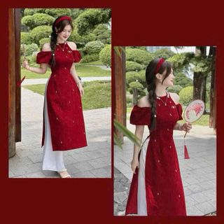 áo dài cách tân hở vai vải nhung đính đá và quần tuyết nhung