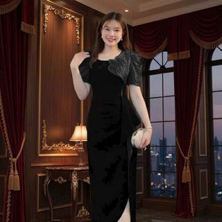 Đầm cổ vuông kết bông cườm dự tiệc sang trọng hàng cao cấp