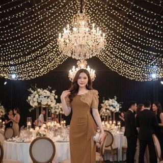 Đầm cổ vuông kết bông cườm dự tiệc sang trọng hàng cao cấp