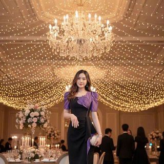 Đầm cổ vuông kết bông cườm dự tiệc sang trọng hàng cao cấp