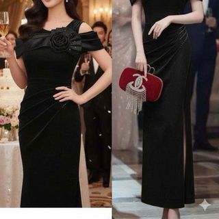 Đầm dạ hội kèm bông cườm vai thiết kế sang trọng hàng cao cấp