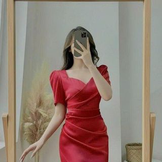 Đầm cổ vuông tim nhúng eo cao cấp