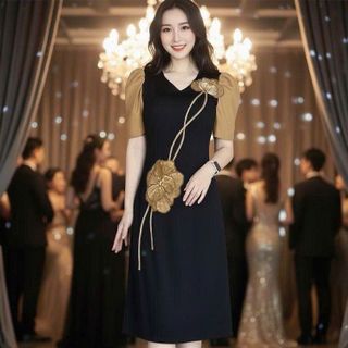 Đầm xòe nữ phối bông bụng dọc sang trọng hàng cao cấp