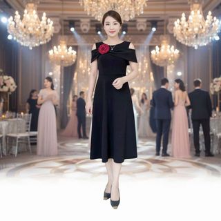 Đầm xòe nữ trung niên trễ vai cườm sang trọng hàng cao cấp