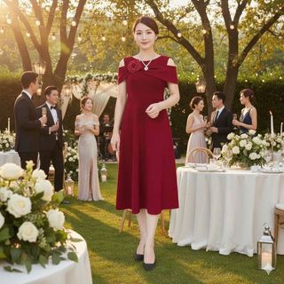 Đầm xòe nữ trung niên trễ vai cườm sang trọng hàng cao cấp