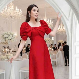 Đầm nữ xoè cổ vuông nơ cao cấp sang trọng