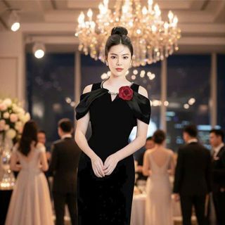 Đầm dạ hội hở vai dây chuyền cổ thiết kế sang trọng hàng cao cấp