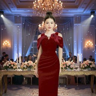 Đầm dạ hội hở vai dây chuyền cổ thiết kế sang trọng hàng cao cấp
