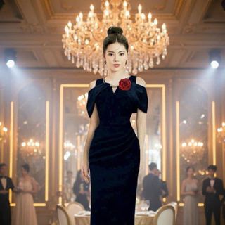 Đầm dạ hội hở vai dây chuyền cổ thiết kế sang trọng hàng cao cấp