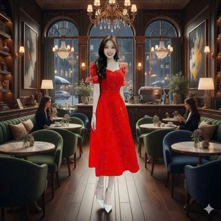 Đầm xoè cổ vuông tay nơ hàng thiết kế sang trọng sẵn kho