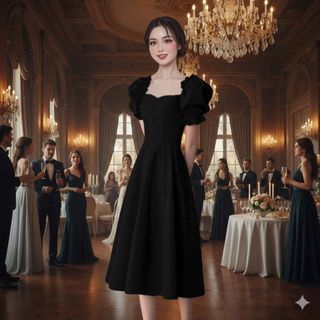 Đầm xoè cổ vuông nơ tay phồng sang trọng