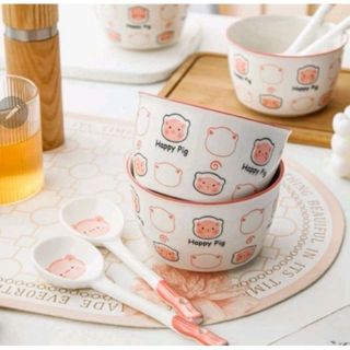 Set 2 Bát Kèm Thìa Lợn Happy Pig ( THÙNG 48B)