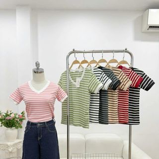 Áo thun nữ sọc cổ tim mẫu mới co giãn tốt có bigsize kiểu đơn giản trẻ trung không kén độ tuổi