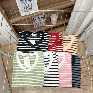 Áo thun nữ sọc cổ tim mẫu mới co giãn tốt có bigsize kiểu đơn giản trẻ trung không kén độ tuổi