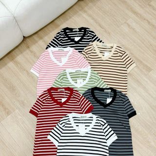 Áo thun nữ sọc cổ tim mẫu mới co giãn tốt có bigsize kiểu đơn giản trẻ trung không kén độ tuổi