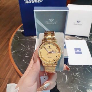 ĐỒNG HỒ NAM CHÍNH HÃNG FUNMEI F2041 DÂY THÉP 2 LỊCH GOLD FULLBOX TEM