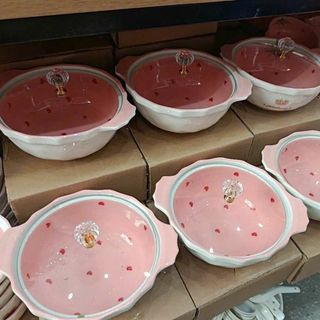 Tô bát hai tai trái tim hồng cute có nắp kính (THÙNG 36C)