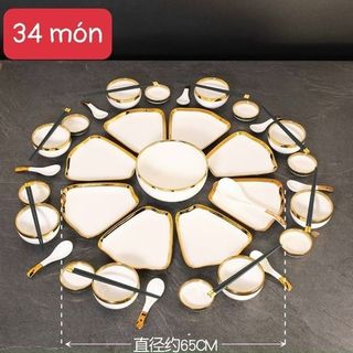 Bộ bát đĩa sứ viền vàng 34SP Trắng (THÙNG 4B)