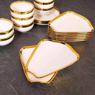 Bộ bát đĩa sứ viền vàng 34SP Trắng (THÙNG 4B)