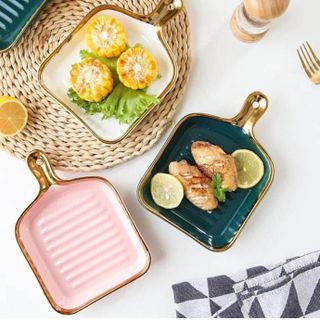 Chảo đĩa sứ tay cầm viền vàng (THÙNG 48C)