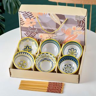 Bát Kẻ Vàng- Bộ 6 Chén 6 Đũa (THUNG 20B)