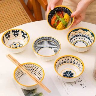 Bát Kẻ Vàng- Bộ 6 Chén 6 Đũa (THUNG 20B)