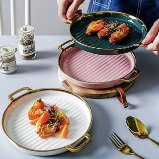 Chảo sứ bằng 2 tai tròn viền vàng (THÙNG 48C)