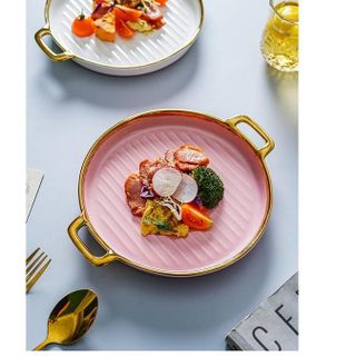 Chảo sứ bằng 2 tai tròn viền vàng (THÙNG 48C)