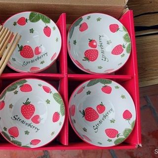 Bát Hoa Dâu - Bộ 6 Chén 6 Đũa (THUNG 24B)