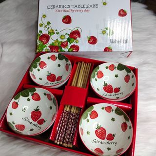 Bát Hoa Dâu - Bộ 6 Chén 6 Đũa (THUNG 24B)