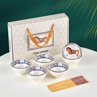 Bát Hoa Văn Ngựa - Bộ 6 Chén 6 Đũa (THUNG 20B)
