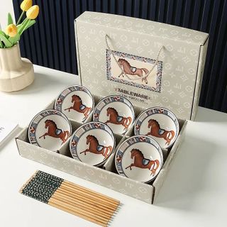 Bát Hoa Văn Ngựa - Bộ 6 Chén 6 Đũa (THUNG 20B)