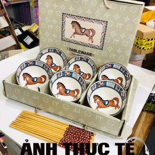 Bát Hoa Văn Ngựa - Bộ 6 Chén 6 Đũa (THUNG 20B)