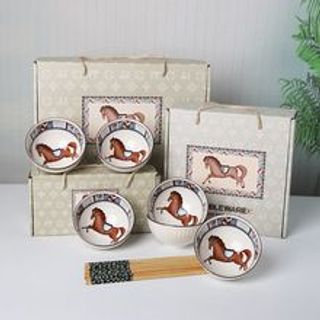 Bát Hoa Văn Ngựa - Bộ 6 Chén 6 Đũa (THUNG 20B)