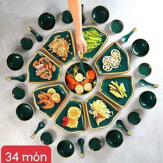 Bộ bát đĩa sứ xanh viền vàng 34SP ( THÙNG 4B)