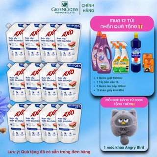 Combo 12 Túi Nước tẩy quần áo màu AXO 1200ml Hương Thanh Khiết đánh bay vết bẩn, giữ màu cho quần áo