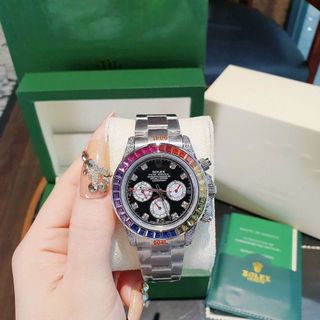 ĐỒNG HỒ NAM CAO CẤP RÔLET RAINBOW BẠC VIỀN ĐÁ NHIỀU MÀU AUTOMATIC