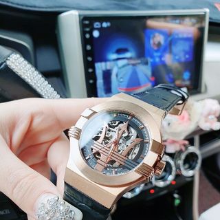 ĐỒNG HỒ NAM CƠ SIÊU CẤP MASERATY DÂY DA  ĐEN NIỀNG ĐỒNG FULLBOX