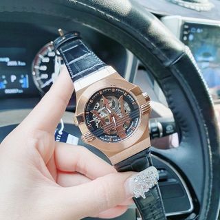 ĐỒNG HỒ NAM CƠ SIÊU CẤP MASERATY DÂY DA  ĐEN NIỀNG ĐỒNG FULLBOX