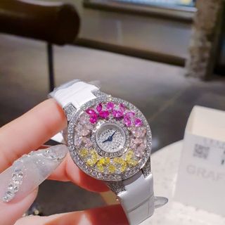 ĐỒNG HỒ NỮ SIÊU CẤP GRAF MẶT FULL HỘT XOÀN BƯỚM NHÂN TẠO  DÂY DA TRẮNG