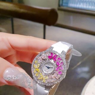 ĐỒNG HỒ NỮ SIÊU CẤP GRAF MẶT FULL HỘT XOÀN BƯỚM NHÂN TẠO  DÂY DA TRẮNG