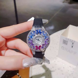 ĐỒNG HỒ NỮ SIÊU CẤP GRAF MẶT FULL HỘT XOÀN BƯỚM NHÂN TẠO DÂY DA ĐEN