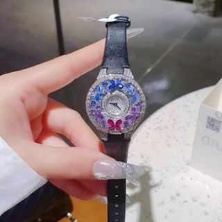 ĐỒNG HỒ NỮ SIÊU CẤP GRAF MẶT FULL HỘT XOÀN BƯỚM NHÂN TẠO  DÂY DA ĐEN