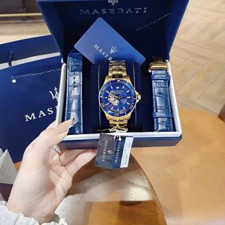 SET ĐỒNG HỒ NAM CƠ CAO CẤP MASERATY  DÂY THÉP MẶT XANH FULLBOX KÈM DÂY DA