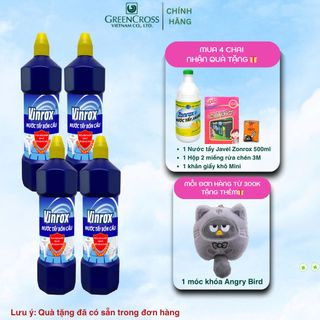 Combo 4 Chai Nước Tẩy Bồn Cầu VINROX 1L Fresh Diệt Khuẩn 99.99%, Khử Mùi hiệu quả