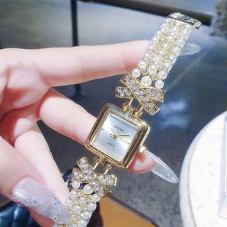 XẢ RẺ ĐỒNG HỒ NỮ THỜI TRANG CHANEU MẶT VUÔNG DÂY KẾT NGỌC TRAI