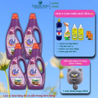 Combo 4 Chai Nước giặt VEL ĐẬM ĐẶC 1800ml Hương Hoa lưu hương dịu nhẹ, diệt khuẩn cho quần áo