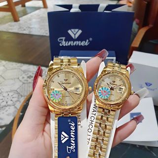 ĐỒNG HỒ NAM NỮ CHÍNH HÃNG FUNMEI F2036 DÂY THÉP VÀNG MẶT TRÒN SAPHIRE FULLBOX TEM