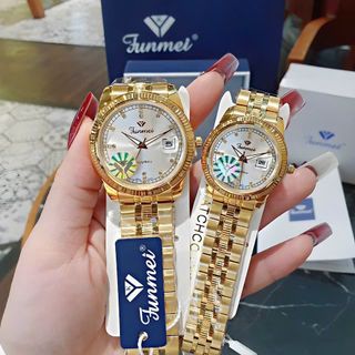 ĐỒNG HỒ NAM NỮ CHÍNH HÃNG FUNMEI F2036 DÂY THÉP VÀNG MẶT TRÒN SAPHIRE FULLBOX TEM